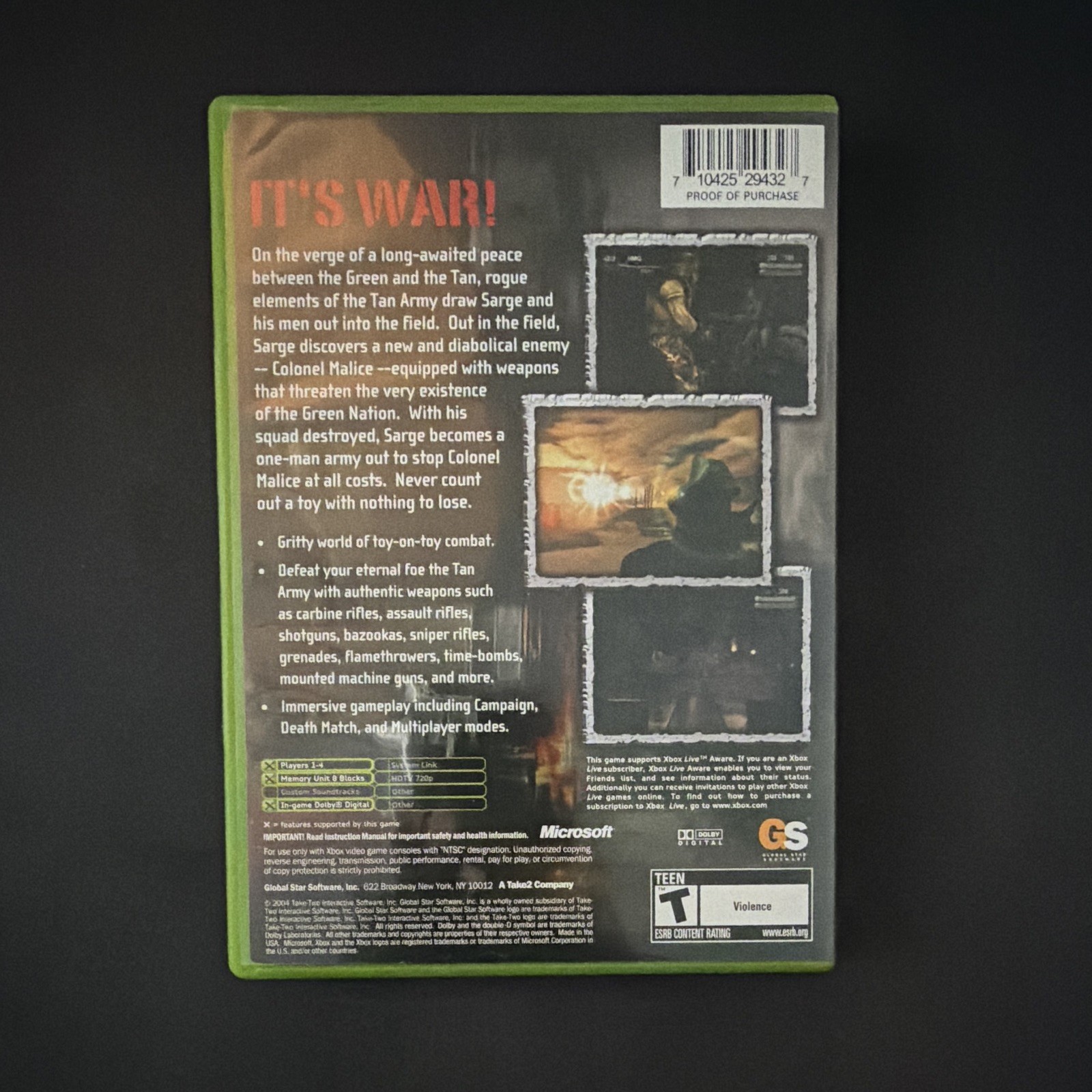 Global Star Software Army Men: Sarge’s War Xbox Game Disc w/ Case T NTSC-U/C