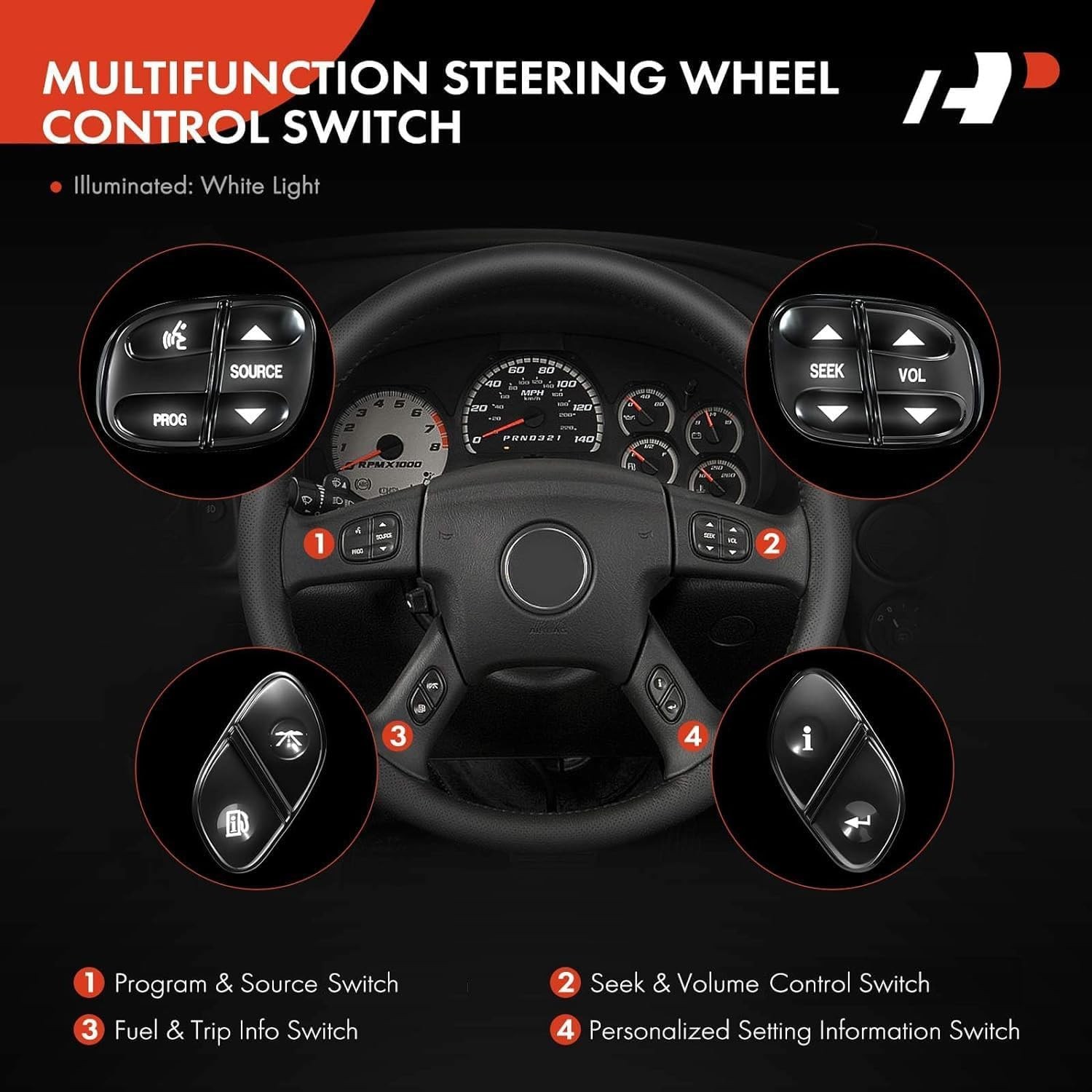 A-Premium 4-PC Steering Wheel Control Switch Button Compatible with Chevy, GMC,