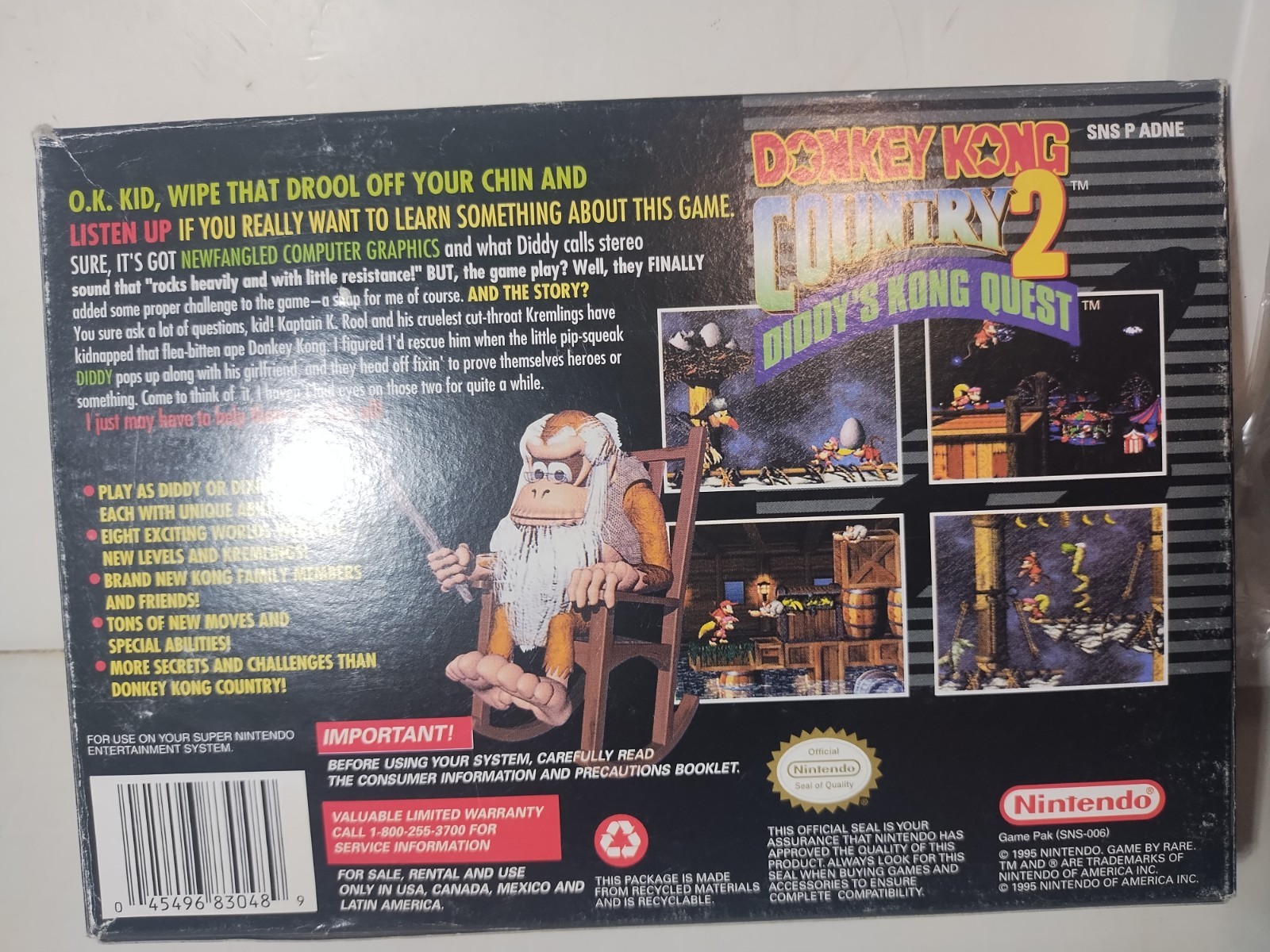 Empty Donkey Kong Country 2 Super Nintendo SNES Game Box, Tray & Bag