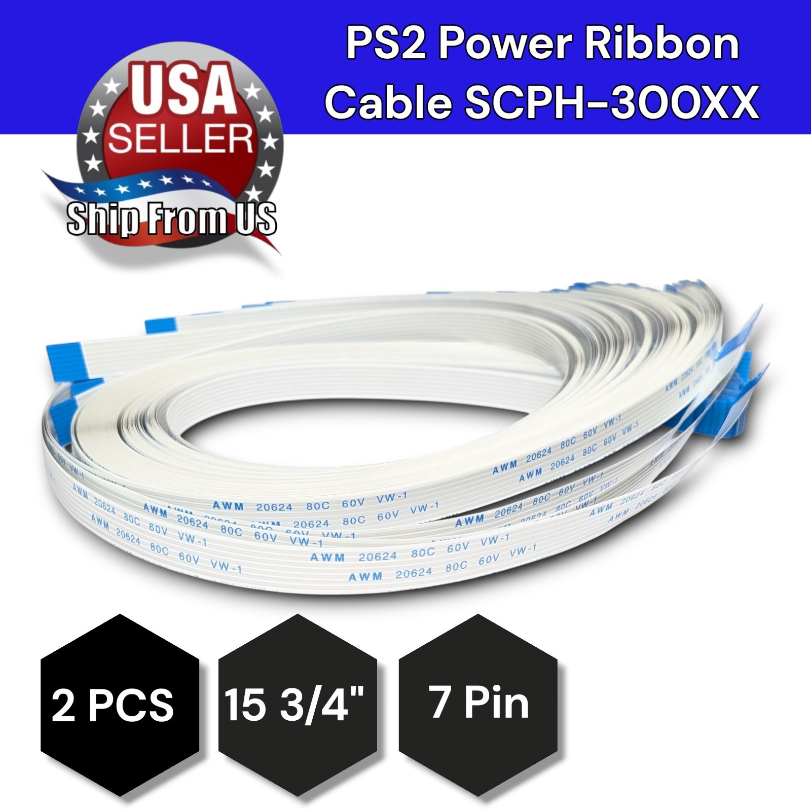 5 Pcs XL-Long Playstation 2 Power Reset Button Flex Cable Ribbon 30000 PS2 7-Pin