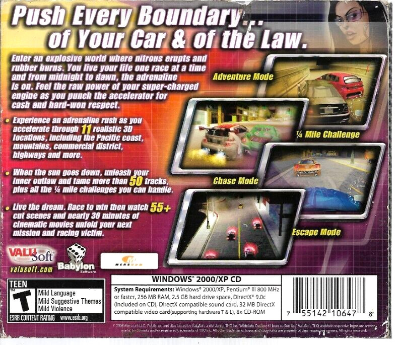 Midnight Outlaw 6 Hours To Sun Up Racing PC CD-ROM Video Game By ValuSoft 2006