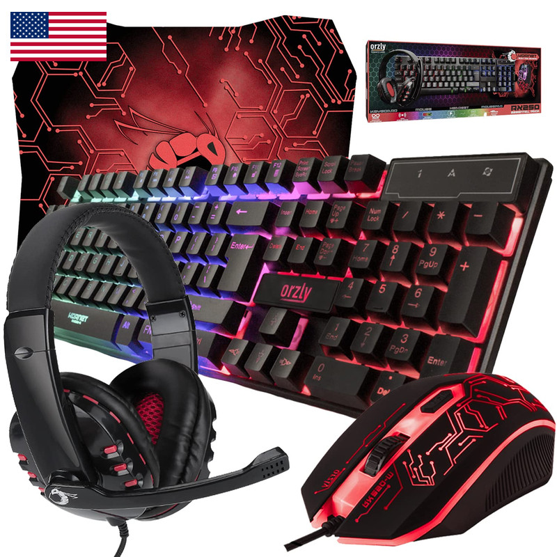 Orzly Gaming Keyboard And Mouse And Mouse Pad And Gaming Headset Wired Led Rgb