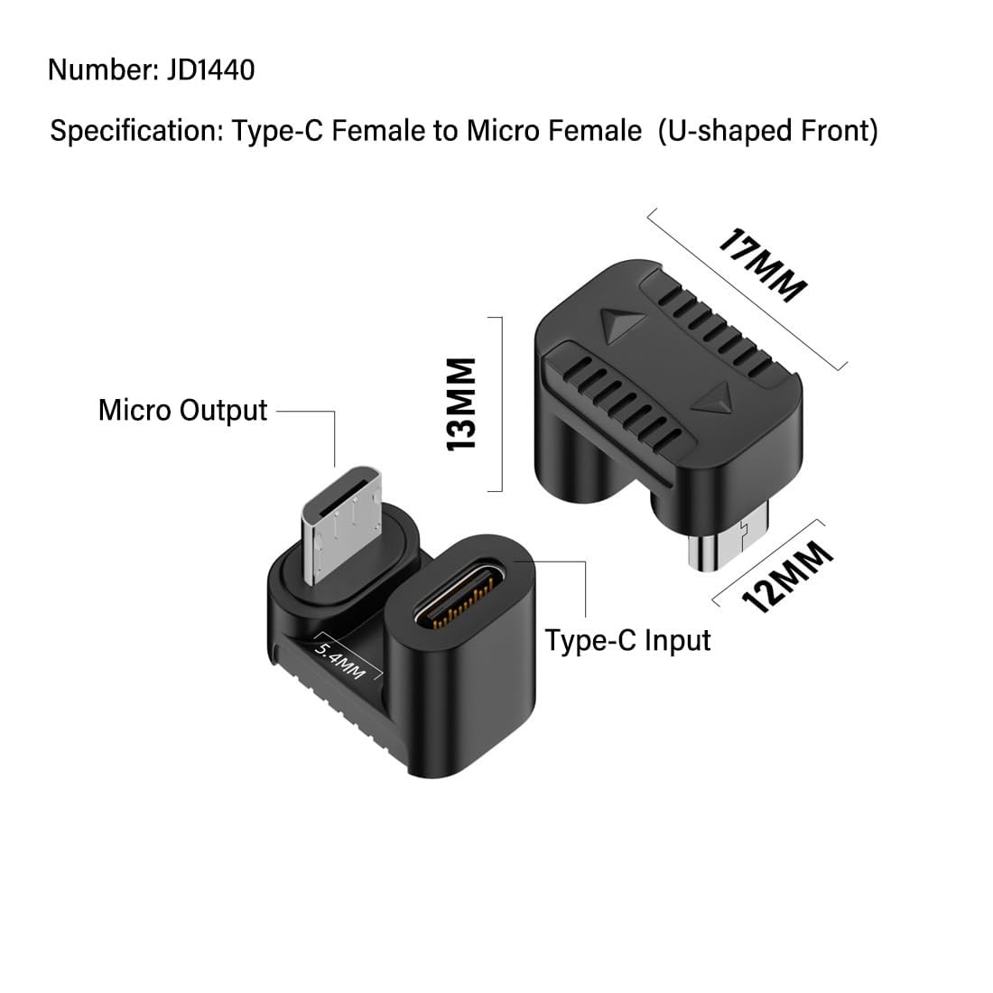 USB TypeC Female To Micro USB Male 180 Degree UShaped Adapter 5V/2A 2 PCS