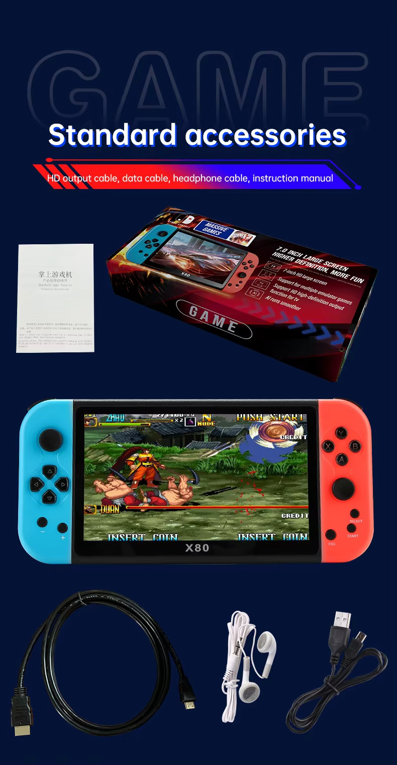 X80 blue red Handheld Game Console 16gb 7 inch HD Retro Game Support TV Games