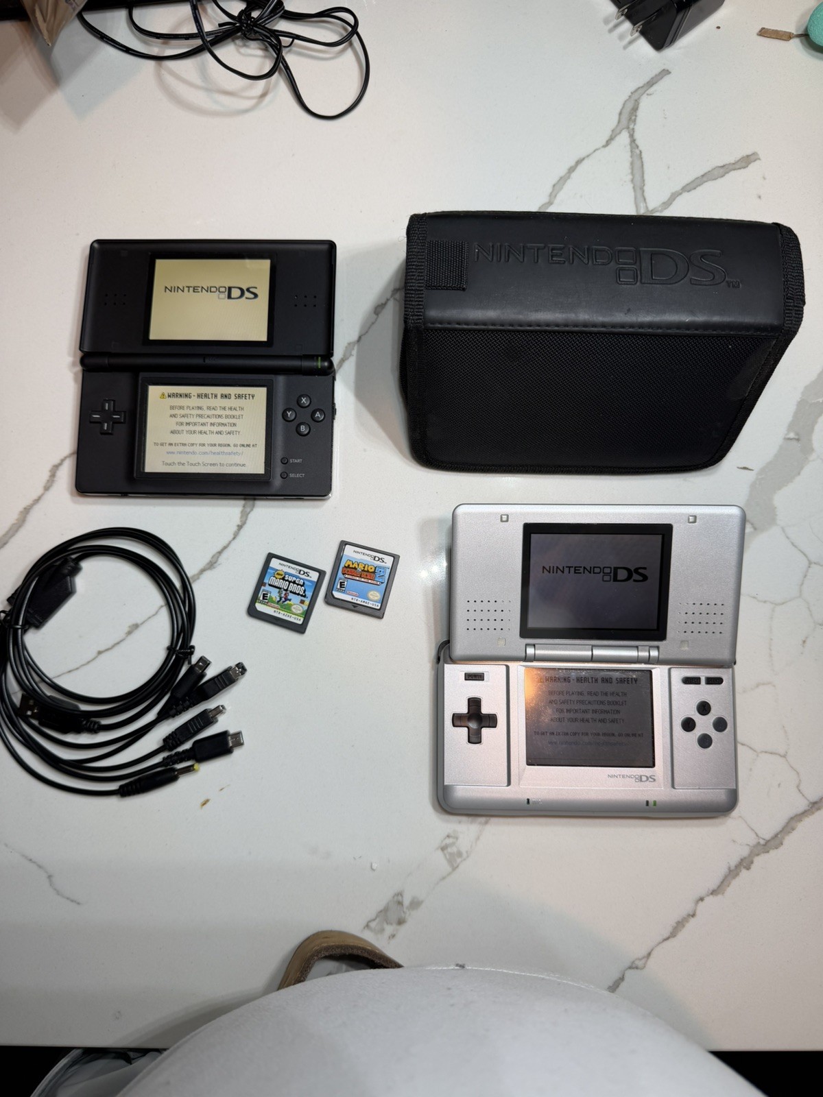 Nintendo DS Original Platinum Silver + DS Lite Black + Mario Games + Charger Lot