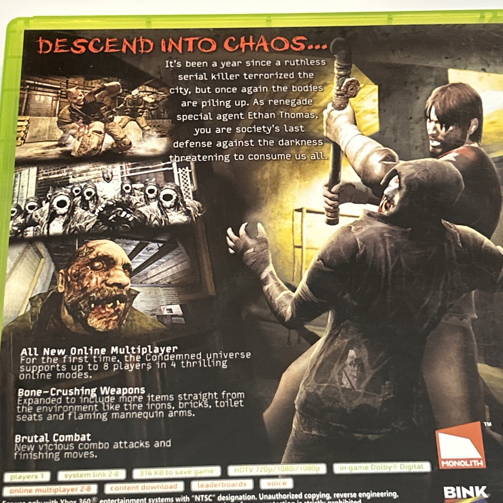 Condemned 2: Bloodshot (Microsoft Xbox 360, 2008) Complete with Manual Horror