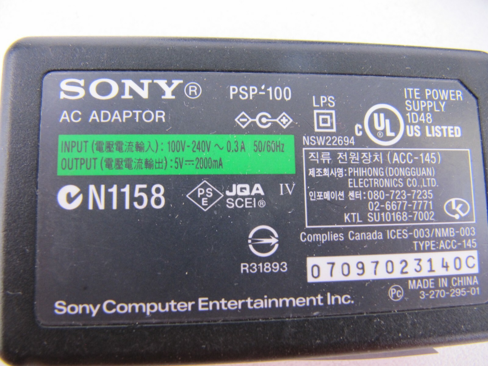 SONY PSP POWER ADAPTER PSP-100 5V 2A 2000MA AC ADAPTOR GENUINE ORIGINAL
