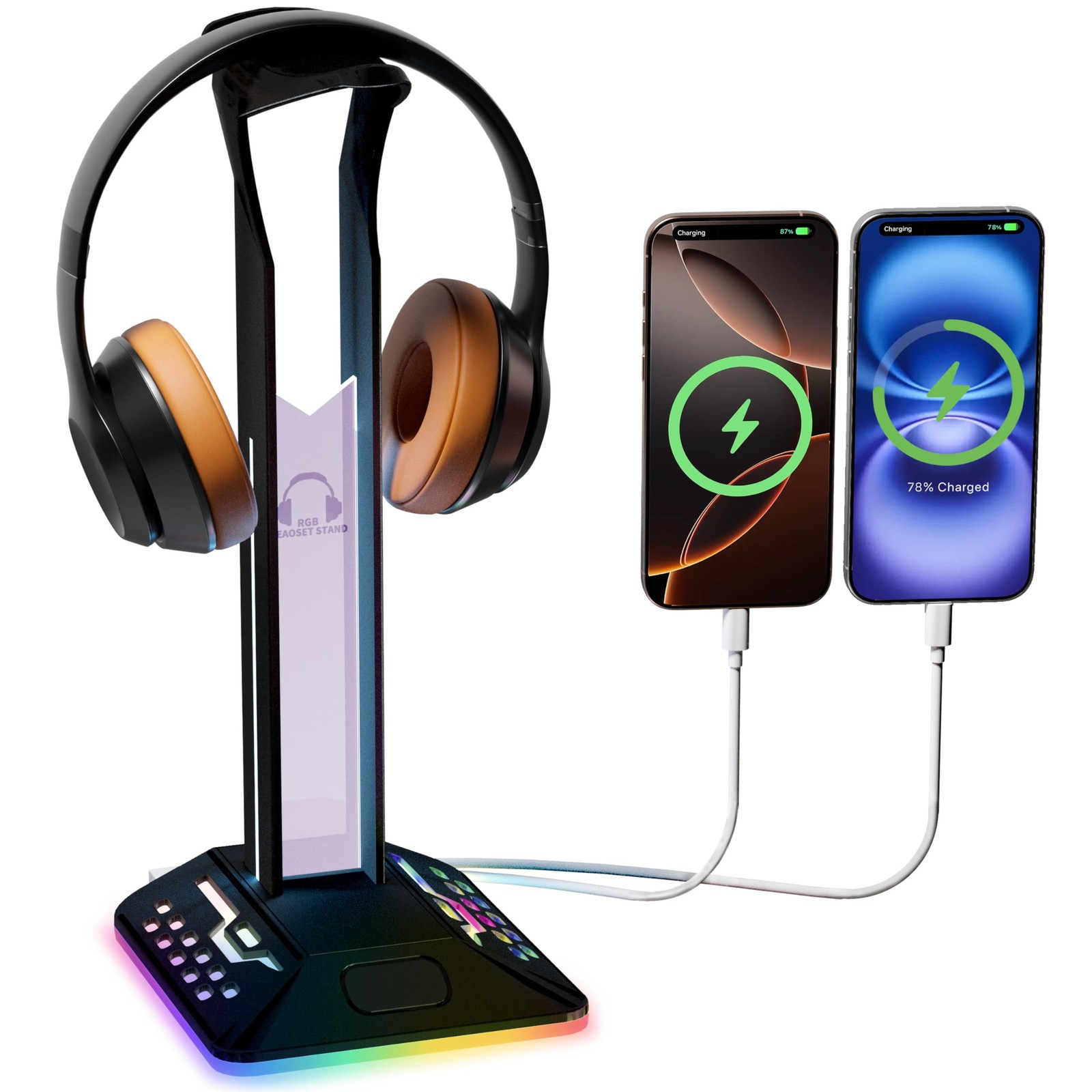 RGB Headphone Stand with 2 USB 2.0 Extension Charging Port Extender Cord,Desk…