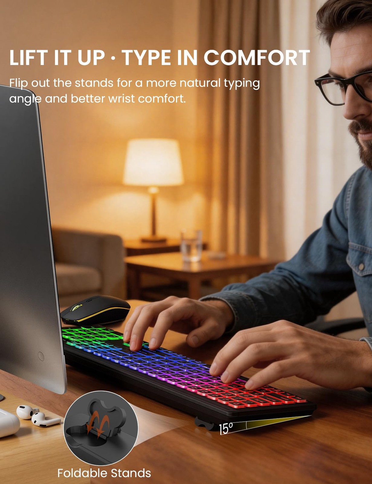 Wireless Keyboard and Mouse Combo, RGB Backlit, Rechargeable & Light Up Black