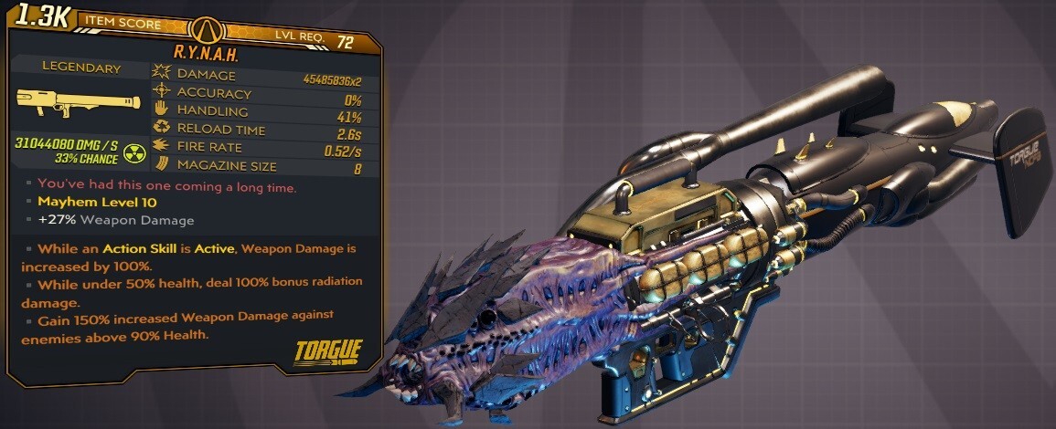 [BORDERLANDS 3 – PC/PS/XB] M10/L72 R.Y.N.A.H. – 45.485.836×2 DMG + 31M☢️ – MODED