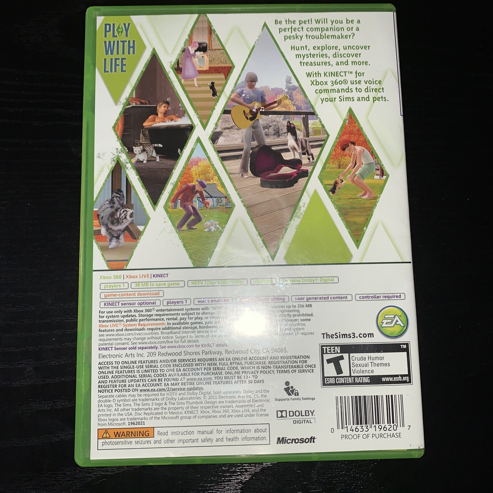 The Sims 3 Pets Microsoft Xbox 360, 2011, Case and Game Better With Kinect Voice