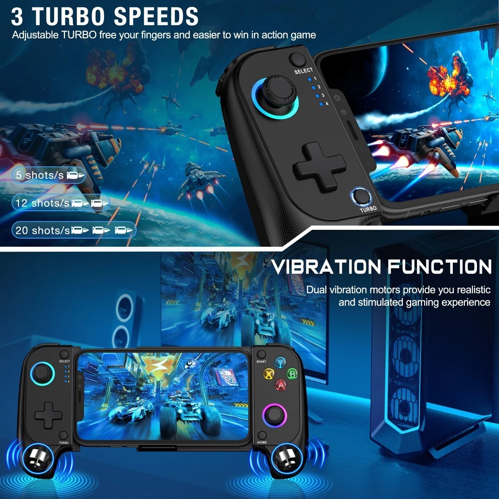 Mobile Game Controller for iPhone/Android, iOS Wireless Gaming Controller + RGB