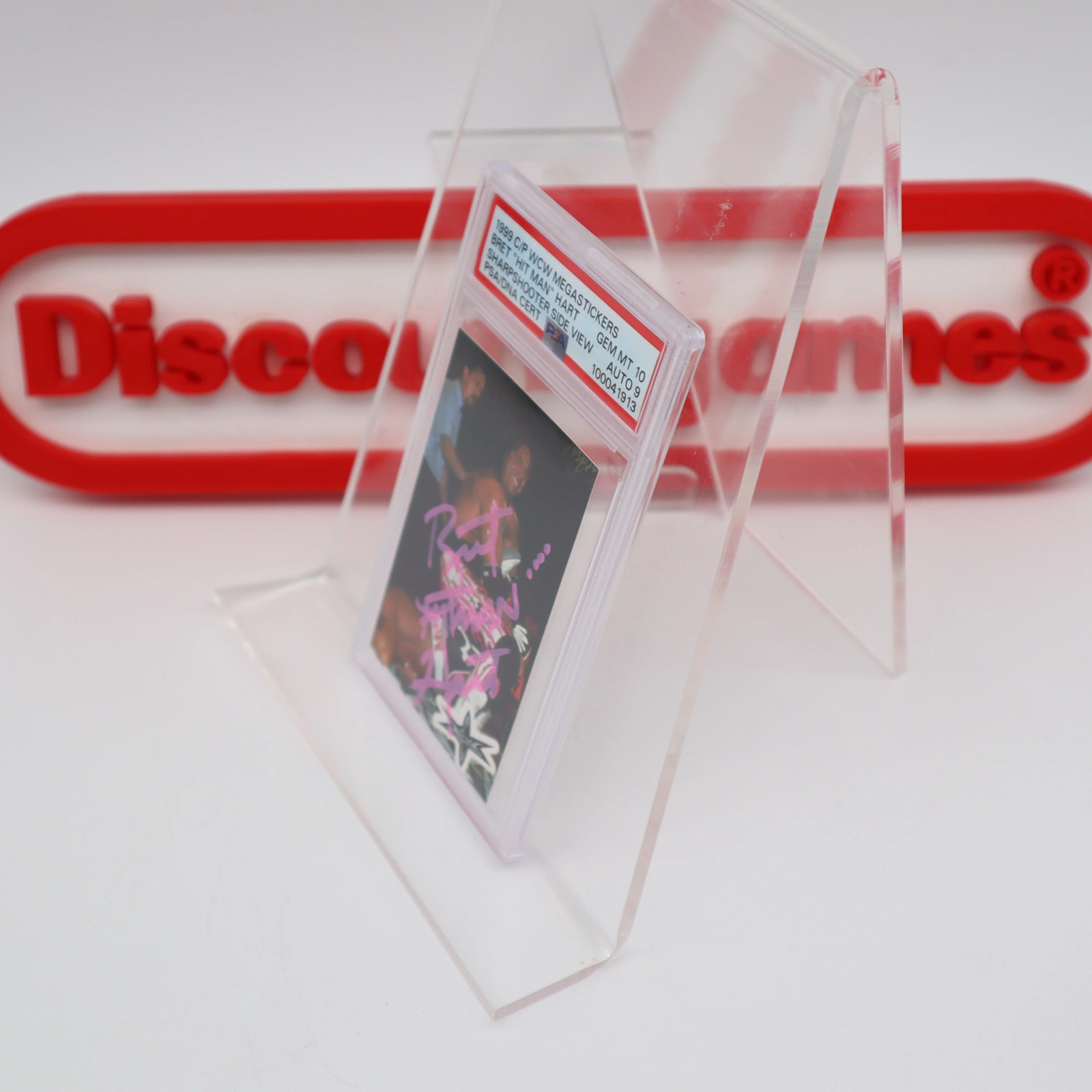 AUTOGRAPHED BRET “Hit Man” HART 1999 C/P WCW MEGASTICKERS GRADED CARD PSA GEM 10