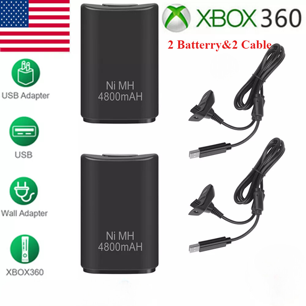 2pcs Rechargeable Battery Pack USB 4800mAh Charger Cable For XBox 360 Controller