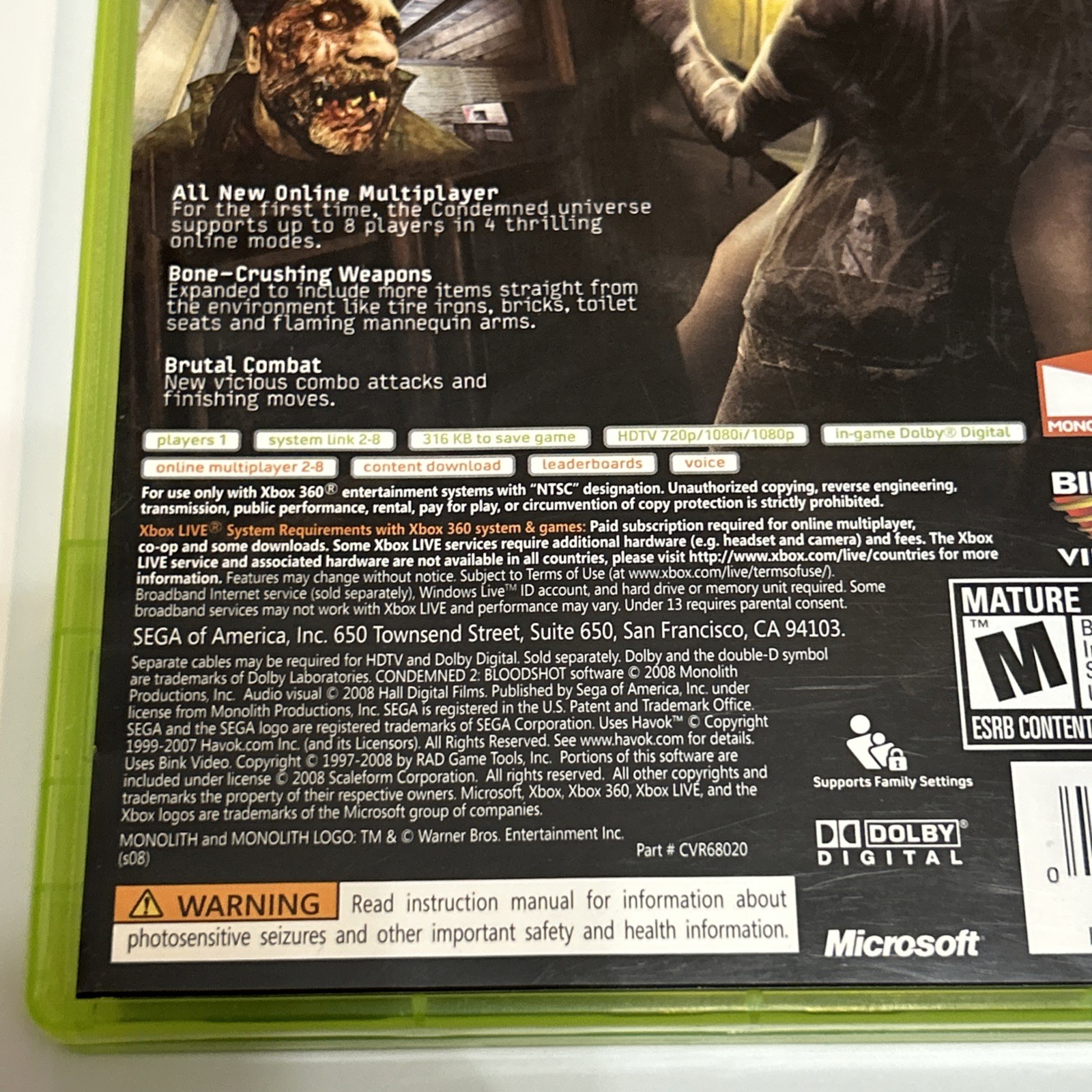 Condemned 2: Bloodshot (Microsoft Xbox 360, 2008) Complete with Manual Horror
