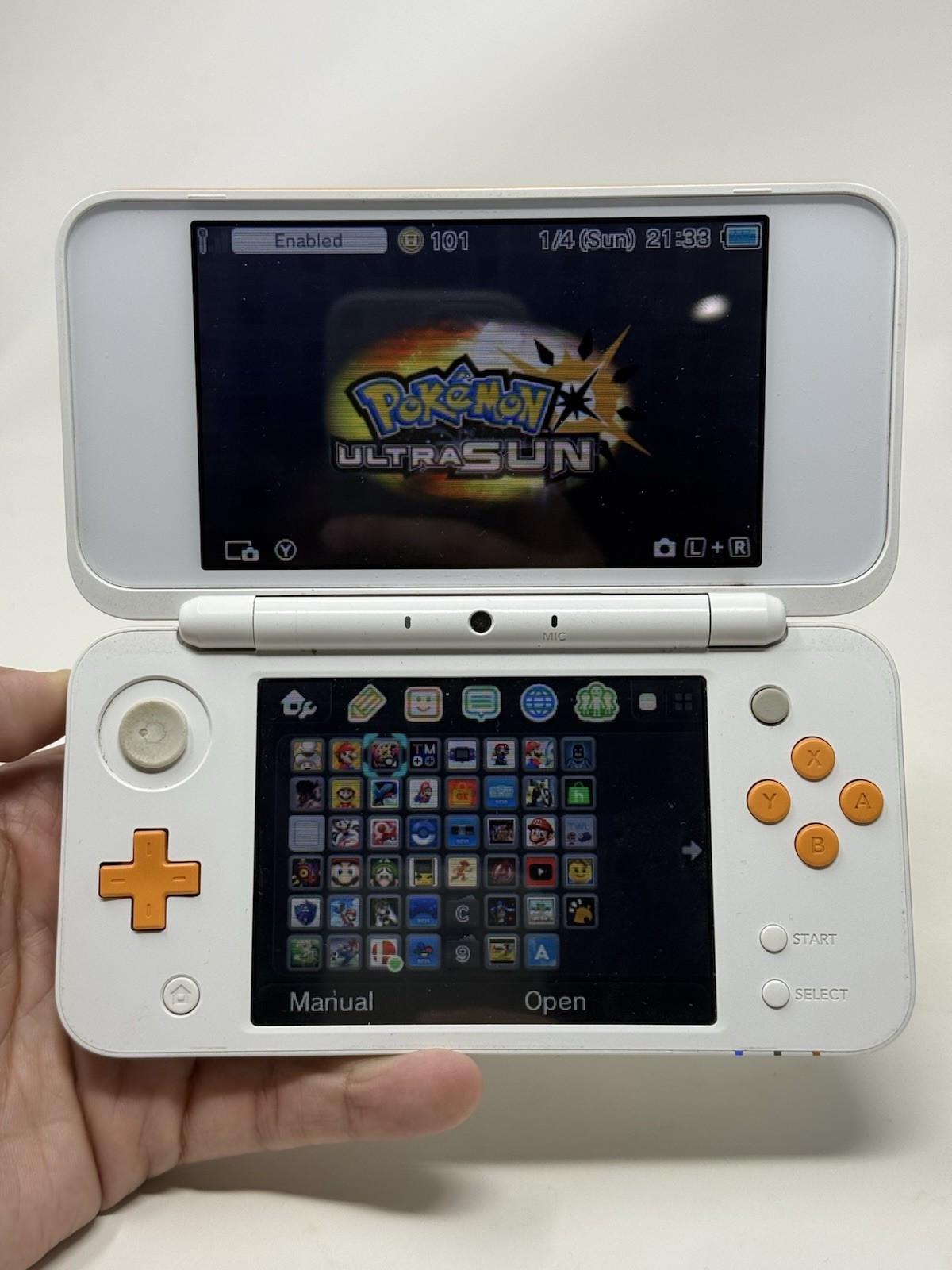 New Nintendo 2DS XL Orange White Handheld USA System w Charger Stylus and Extras