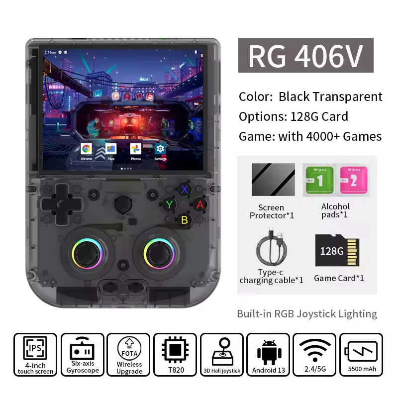 ANBERNIC RG406V Handheld Game Console Android13 4″ IPS 128GB 5G WiFi BT HDMI