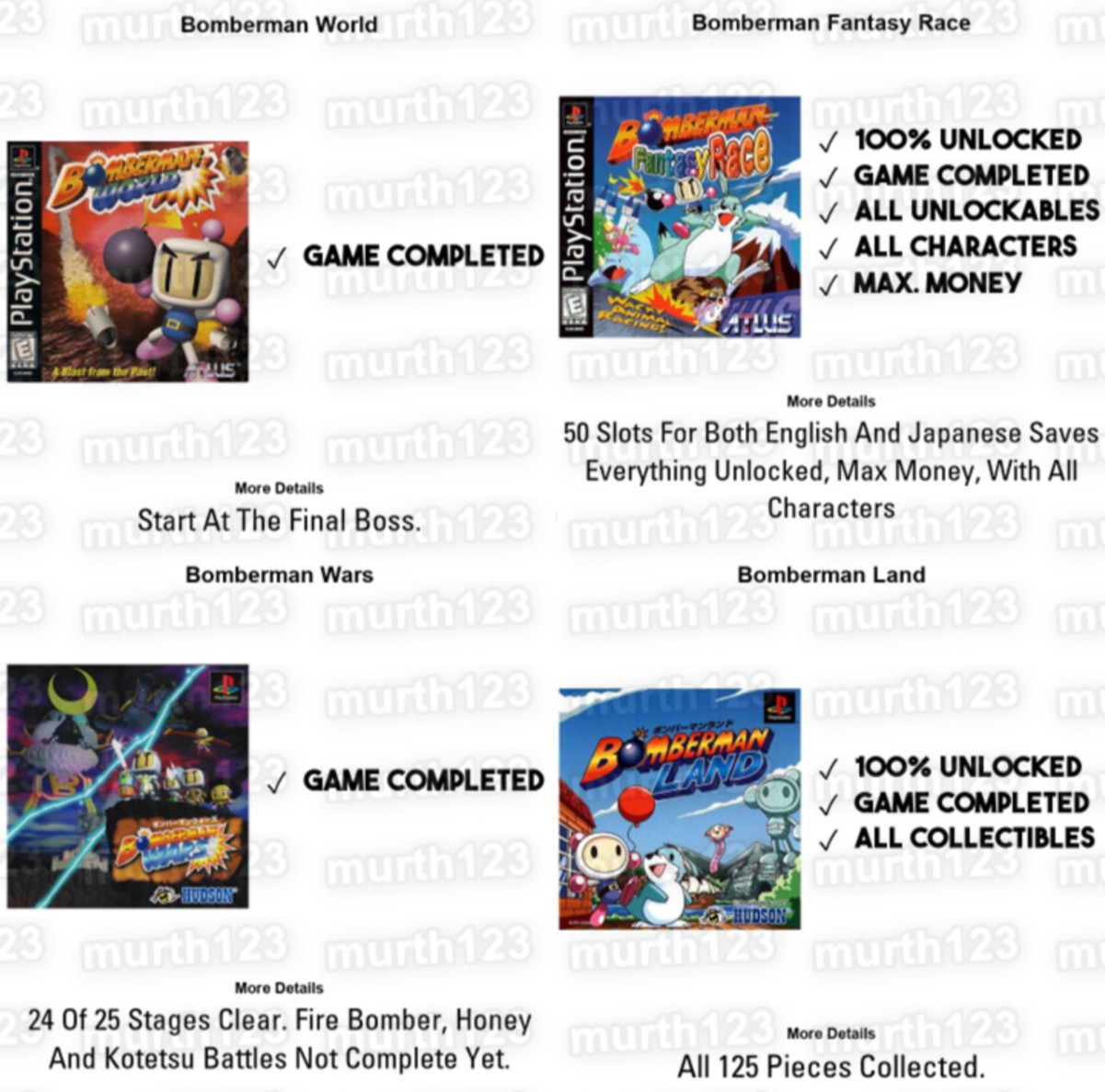 Bomberman World Wars Kart Land Battle PSX PS1 PS2 Memory Card 100% Unlocked Save