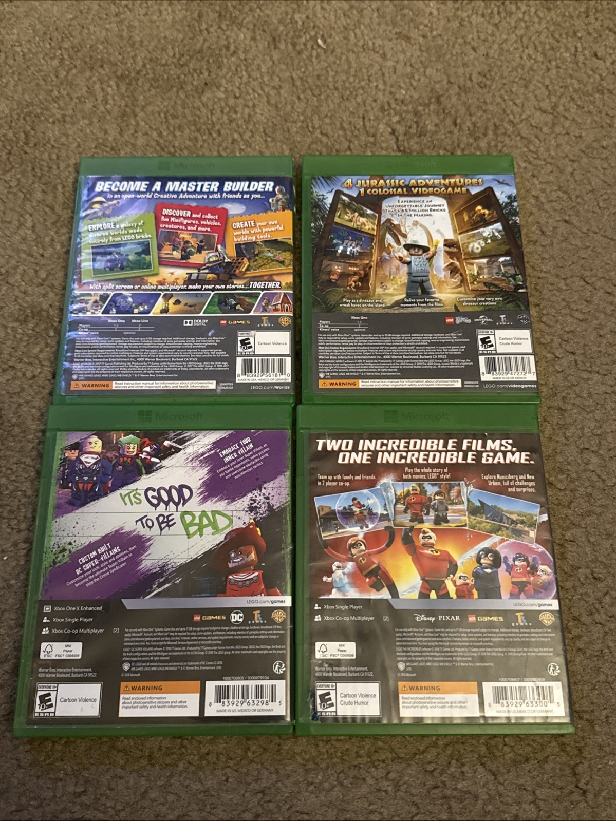 LEGO Xbox One WB LEGO Games Lot of 4 Jurassic Park Incredibles DC Villans Worlds