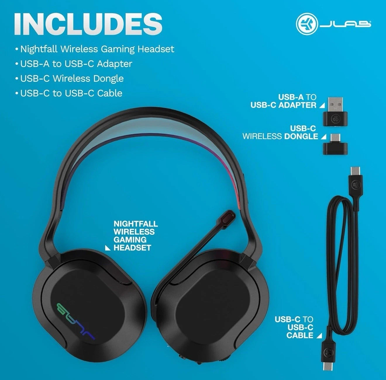 JLab Nightfall Wireless Gaming Headset All-Night Comfort Flip Mute Rotating Mic