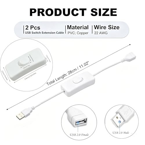 2-Pack USB Cable with Switch ON/Off Cable Extension Toggle for Lamp USB-2.0