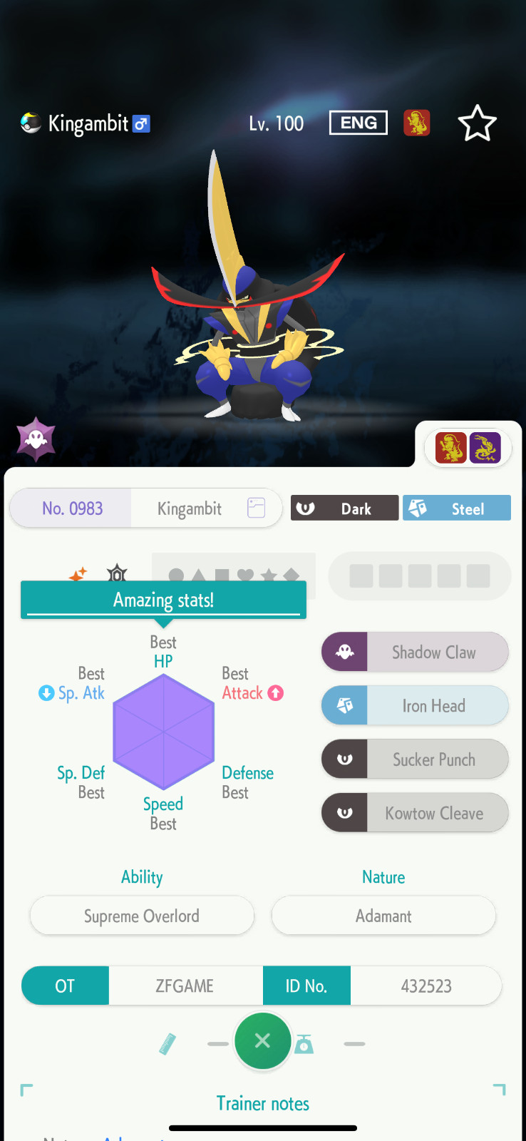 ✨6IV SHINY Kingambit + EVS🚀 POKEMON HOME✨Champions✨Online delivery⚡