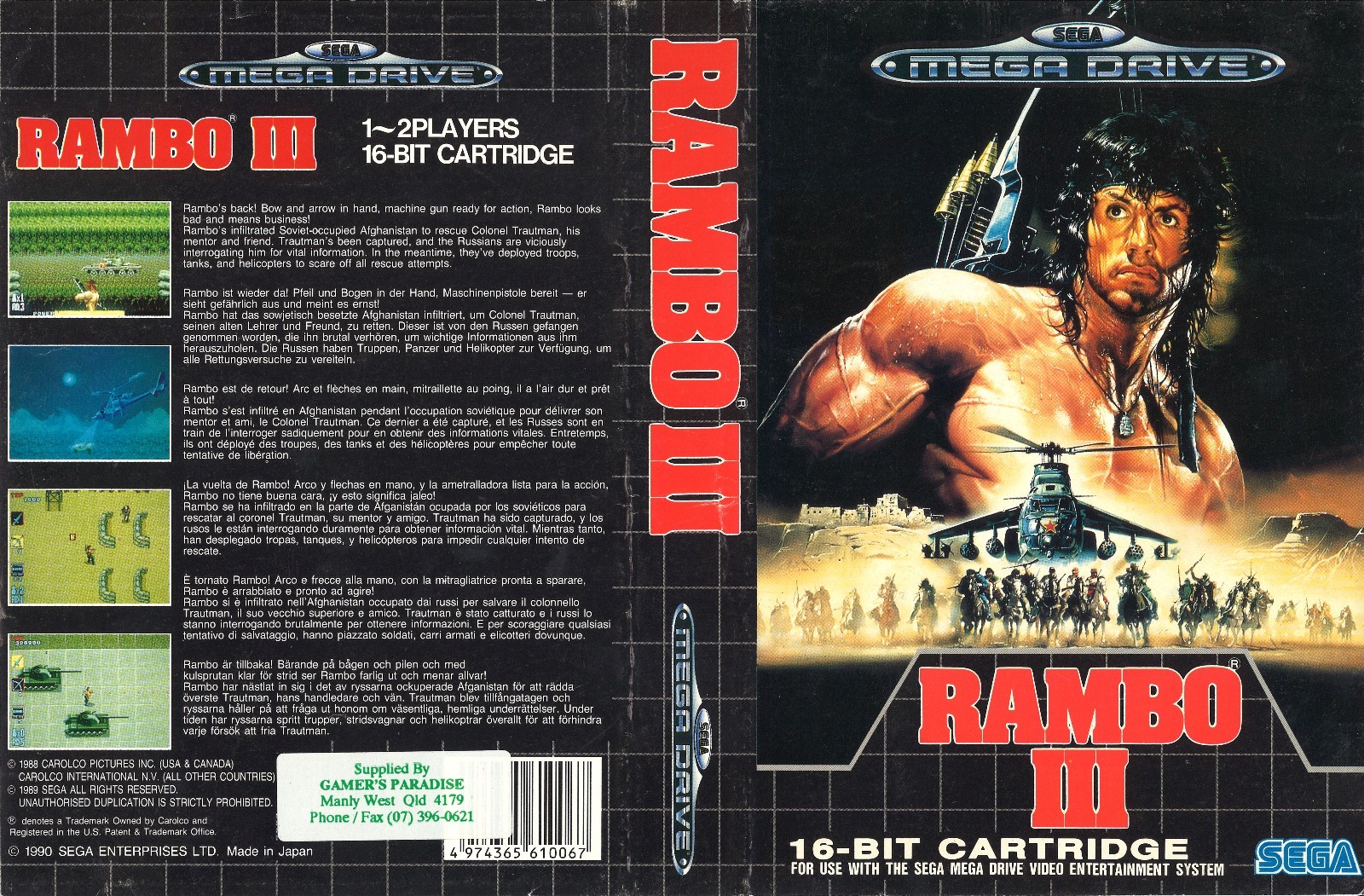 – Rambo III 3 Mega Drive Genesis PAL Box Art Case Insert Cover Only