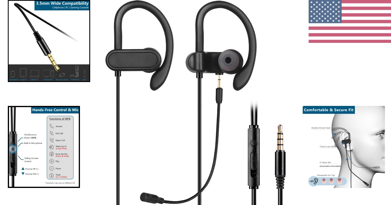 Wired 3.5mm in-ear Earbuds Headphones with Wrap-around Hooks, Gaming Headset …