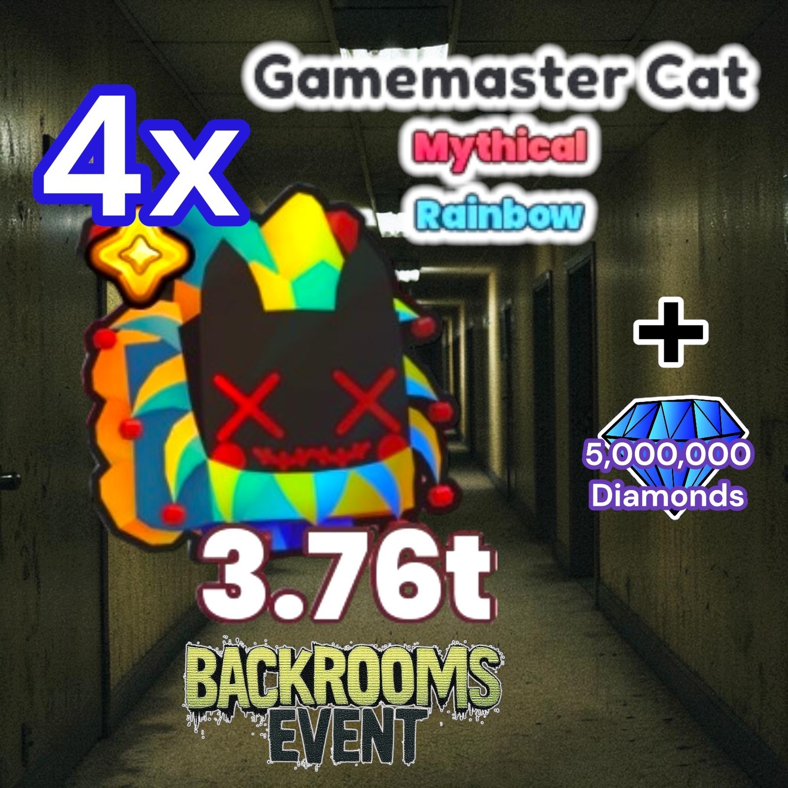 4x Rainbow Gamemaster Cat (Backrooms Event) + 5 Million Diamonds. PS99