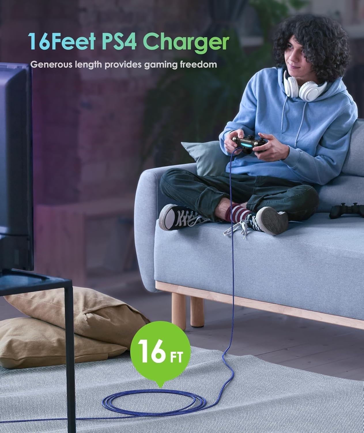 16 FT PS4 Controller Charger Charging Cable, Nylon Braided Extra Long Micro U…