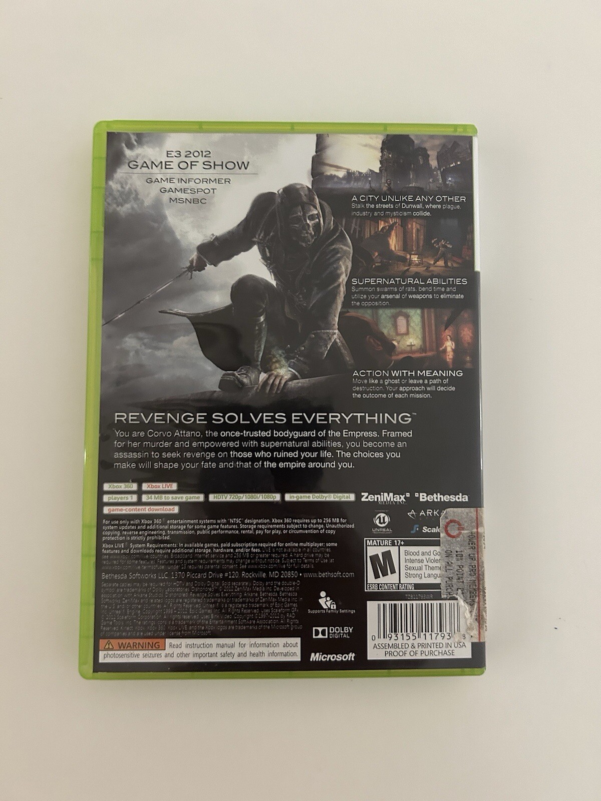 Dishonored – Xbox 360 AD Complete CIB – (See Pics)