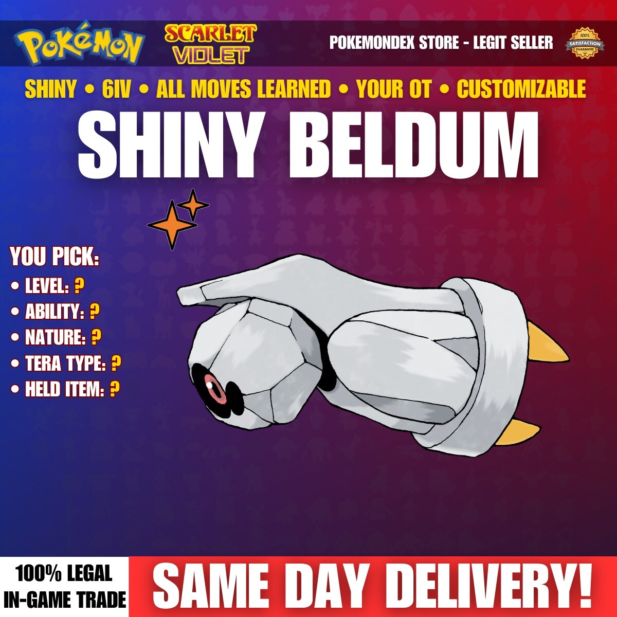 SHINY BELDUM ✨ 6IV & Customizable ⭐️ Pokemon Scarlet And Violet