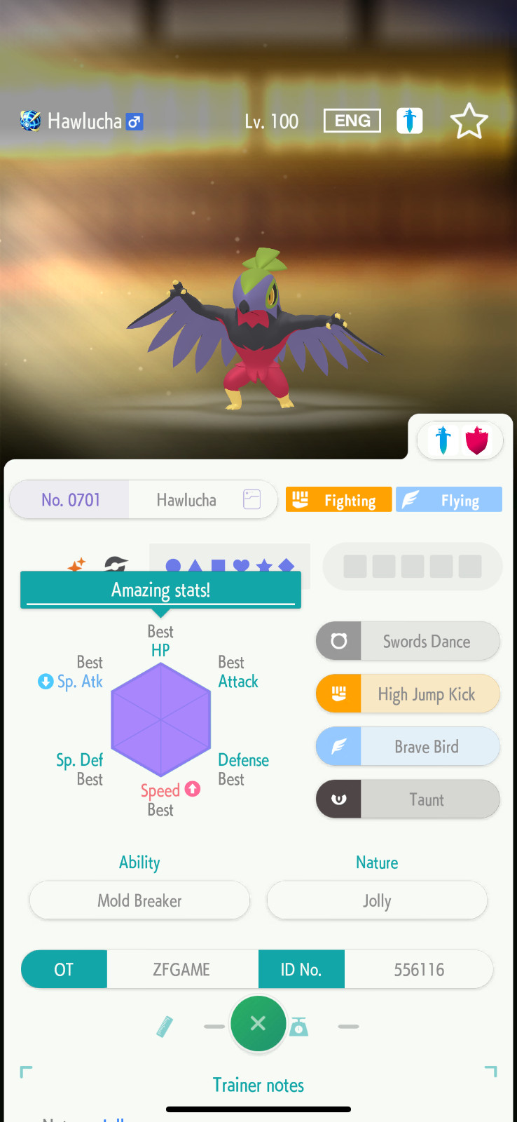 ✨6IV SHINY Hawlucha + EVS🚀 POKEMON HOME✨Champions✨Online delivery⚡