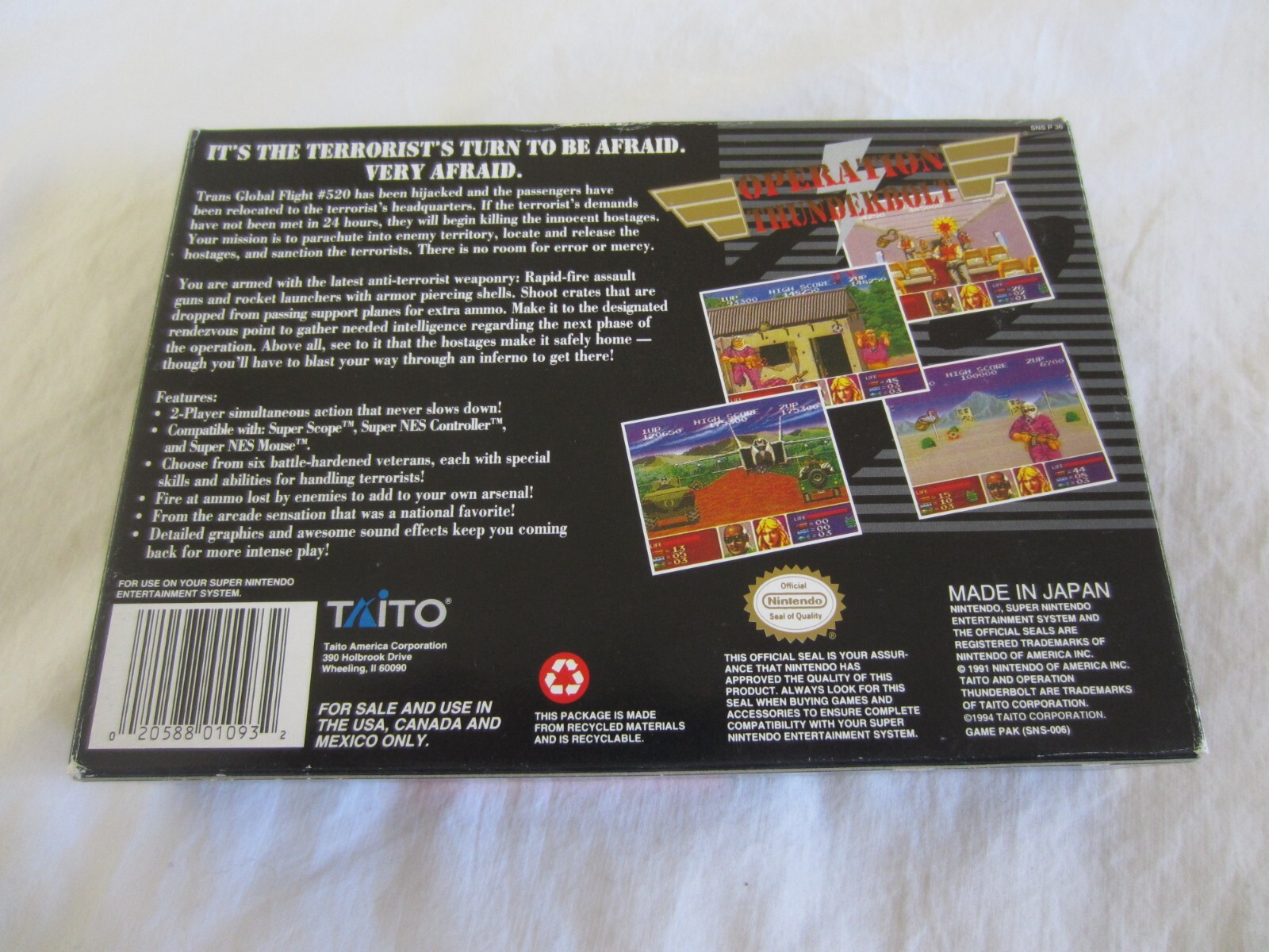 Operation Thunderbolt SNES Super Nintendo CIB 100% Complete Box 1994 Taito RARE