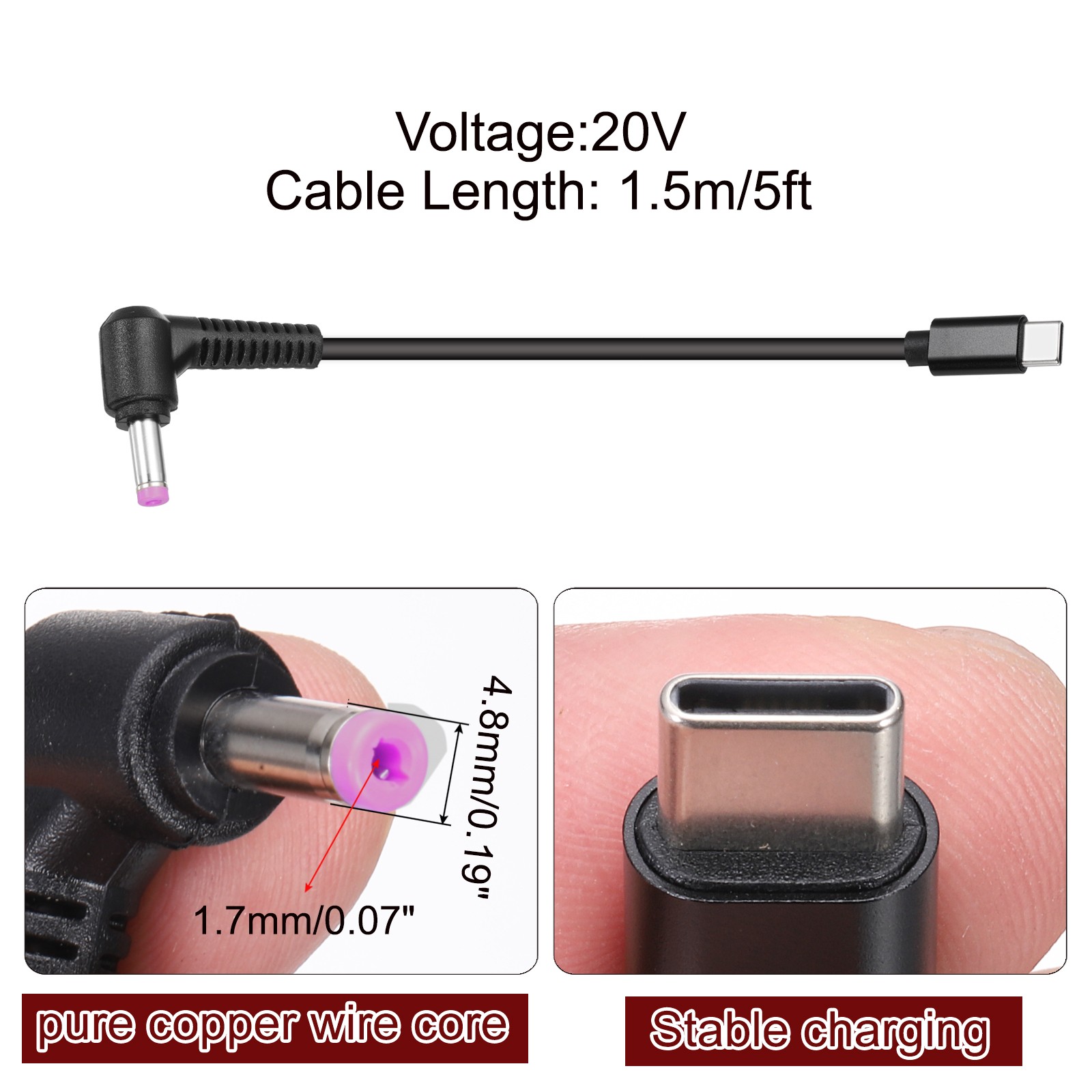 5FT USB C to DC PD Power Fast Charging Cable, 4.8mmx1.7mm 60W/20V(Black)