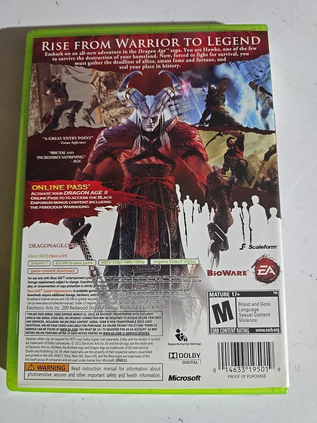 Dragon Age II (Microsoft Xbox 360, 2011) Excellent