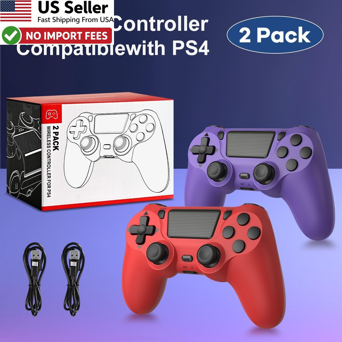 Wuthur 2 Pack Wireless Controller For PS4 Pro Slim Purple Red Gamepad FROM USA