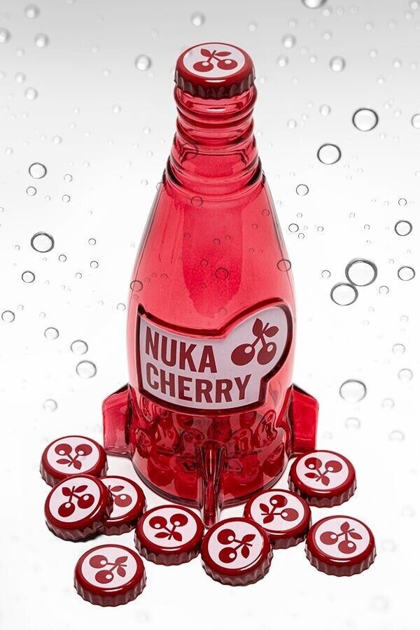 Fallout Nuka Cola Cherry Glass Rocket Bottle & 10 Bottle Caps Replica NEW