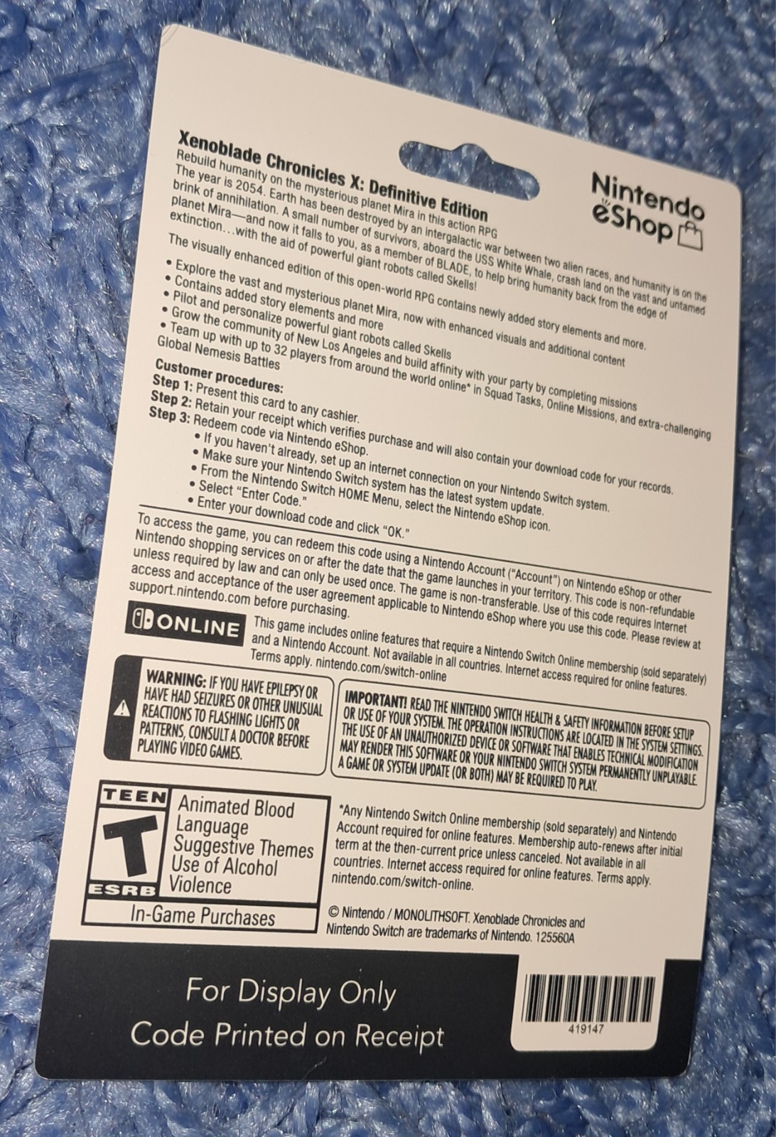 Xenoblade Chronicles X Definitive Edition Non-Redeemable Nintendo Switch No Game