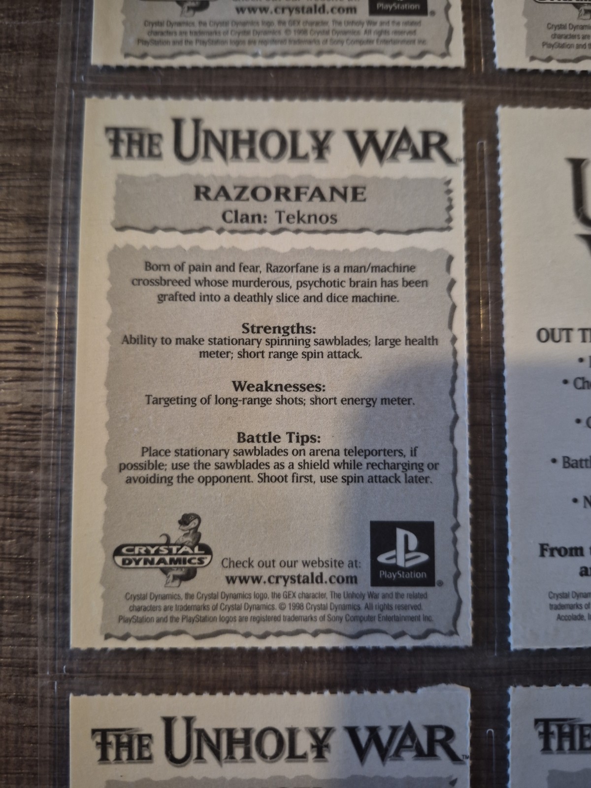 Vintage The Unholy War PlayStation 1 One character card sheet Crystal Dynamics