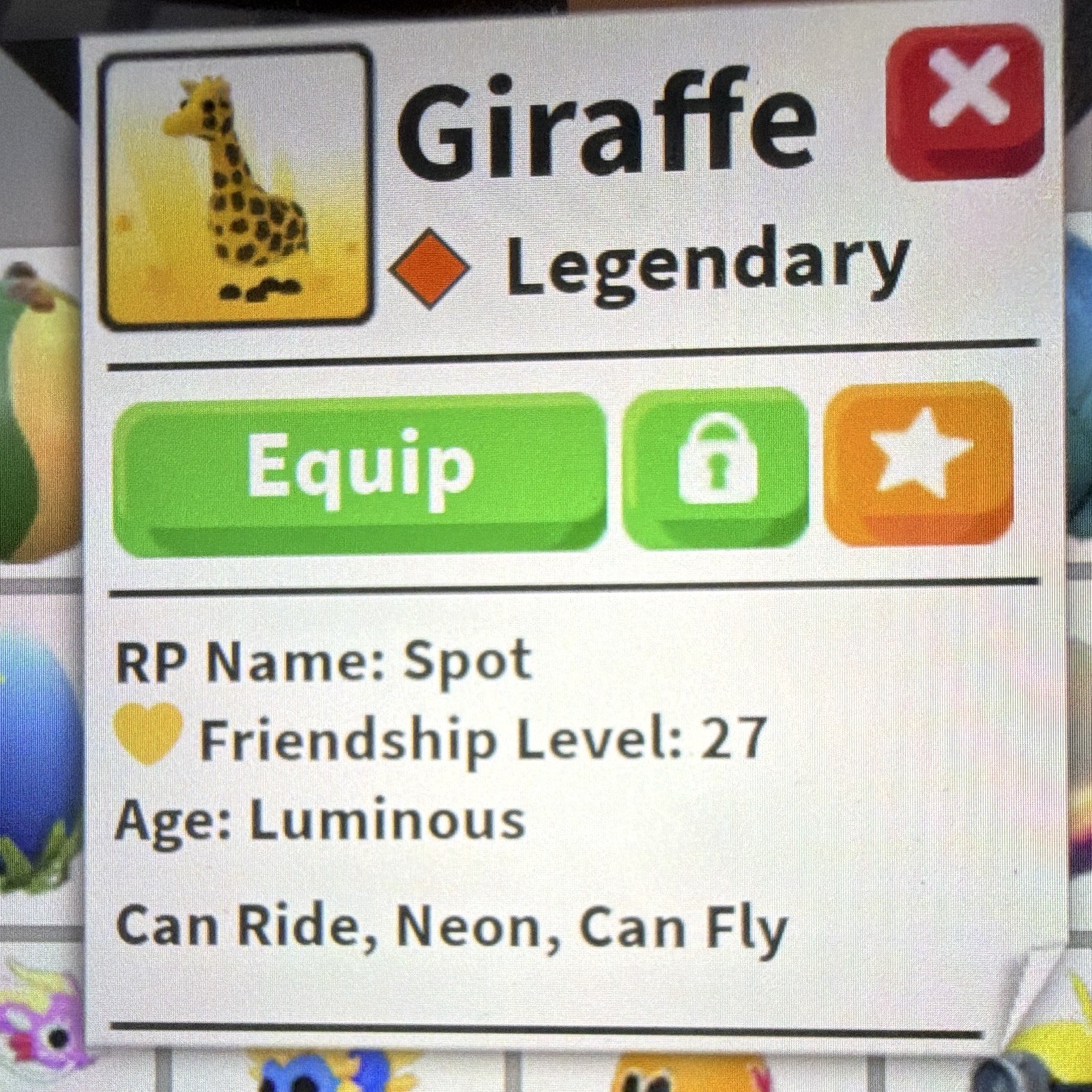 Roblox Adopt Me! Neon Fly Ride Giraffe (NFR) In-Game Item Pet, Adopt Me