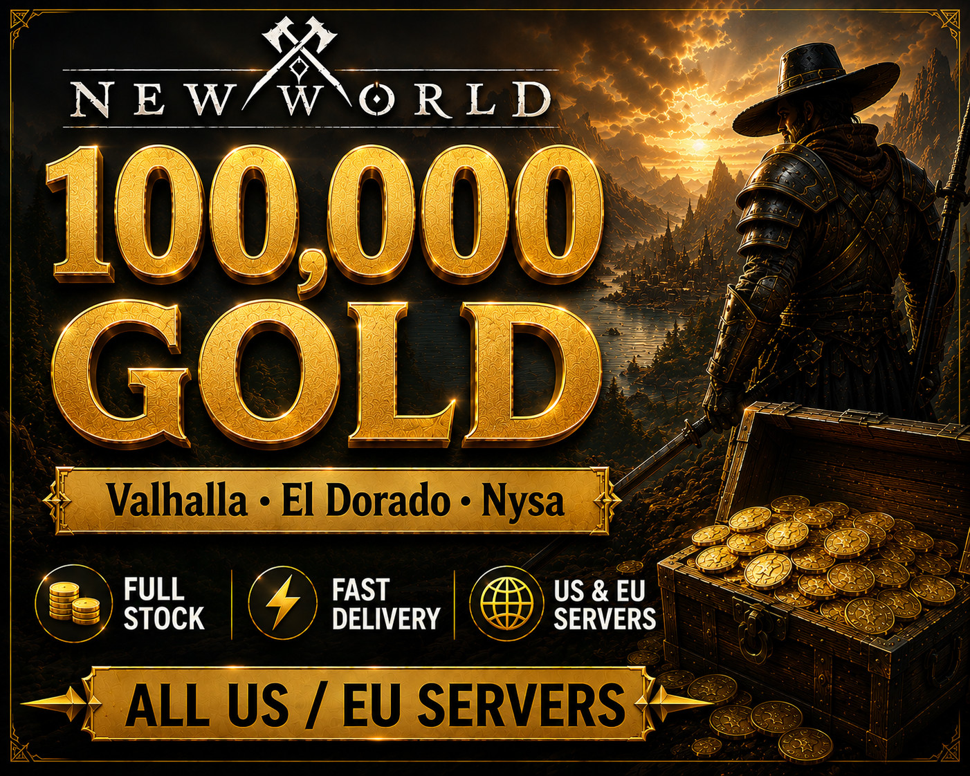New World Gold Coins 100k / 100 000 Coins/ US East West / EU / Any servers
