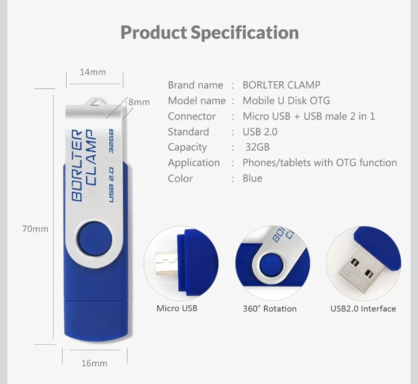BorlterClamp 64GB USB Flash Drive Dual Port Memory Stick, OTG Thumb Drive wit…