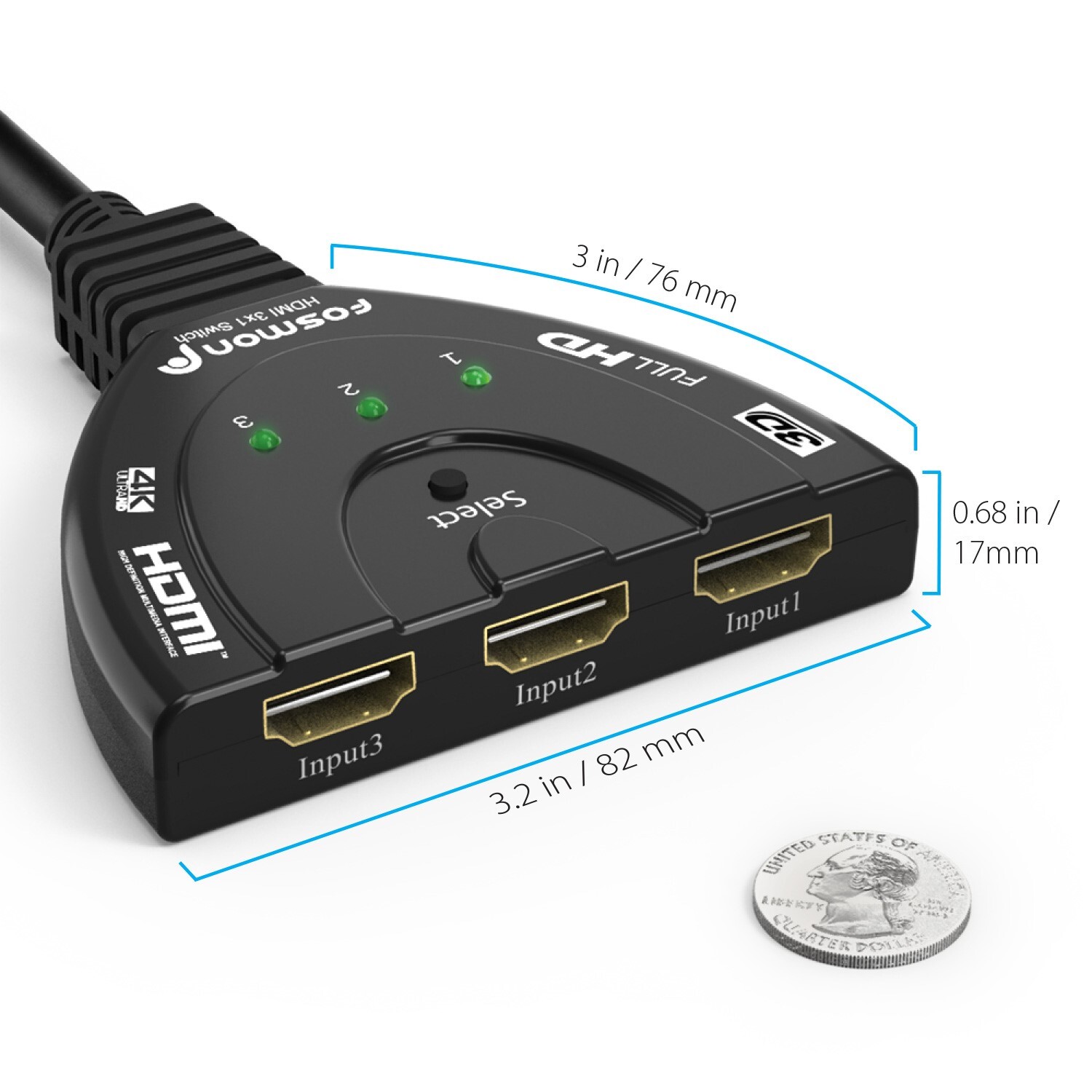 Fosmon 3×1 3 Port 4K UHD HD TV 3D Compact HDMI Switch Hub Splitter Adapter