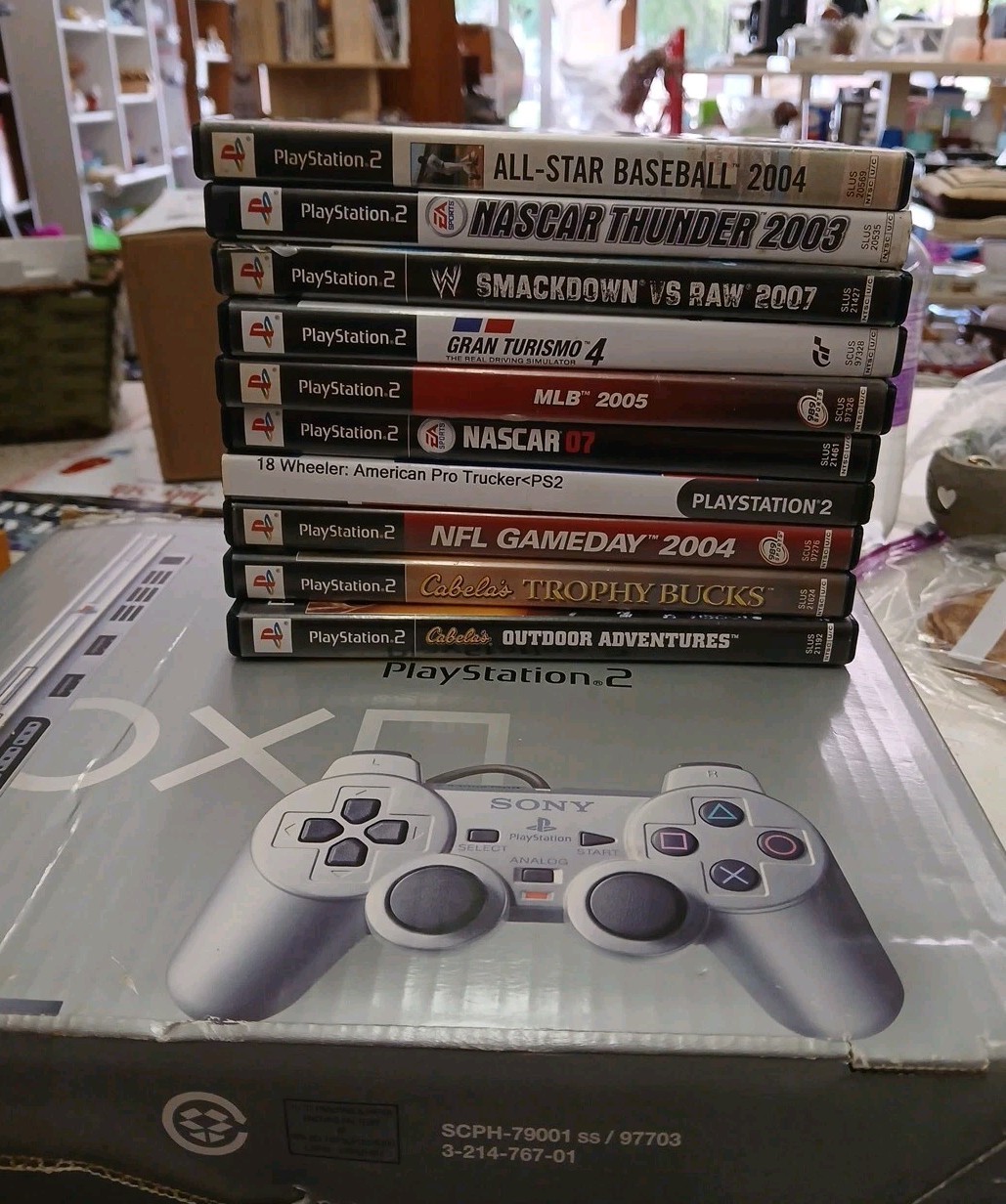 Sony PlayStation 2 PS2 Slim Console Complete. Tested Working With 10 Games