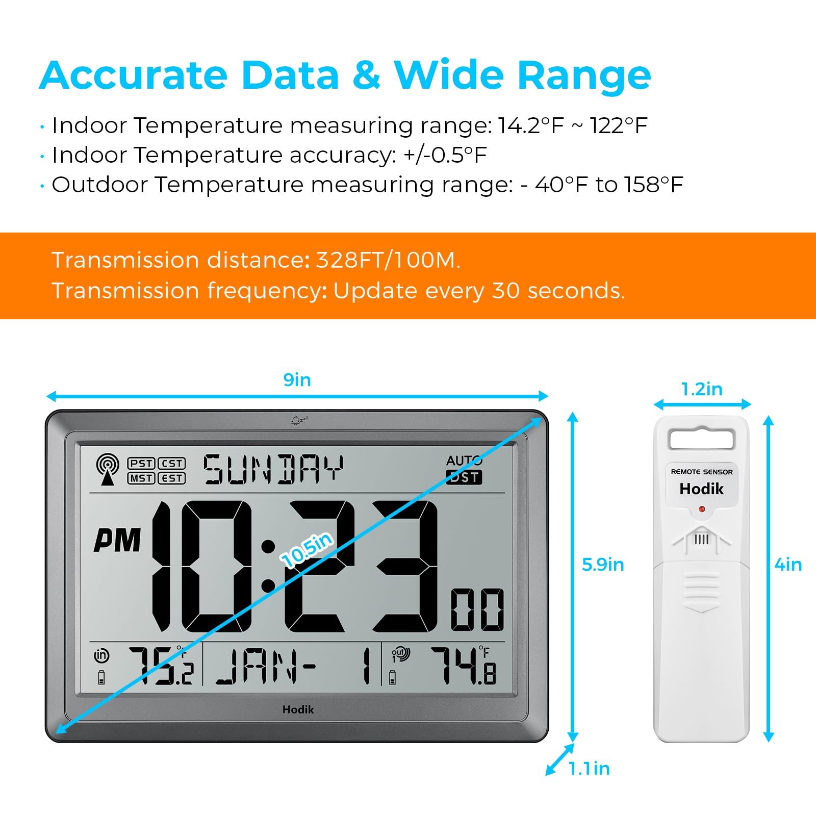 HODIK Wall Clock Atomic with Indoor Outdoor Temperature 9*5.9*1.1 in, Silver