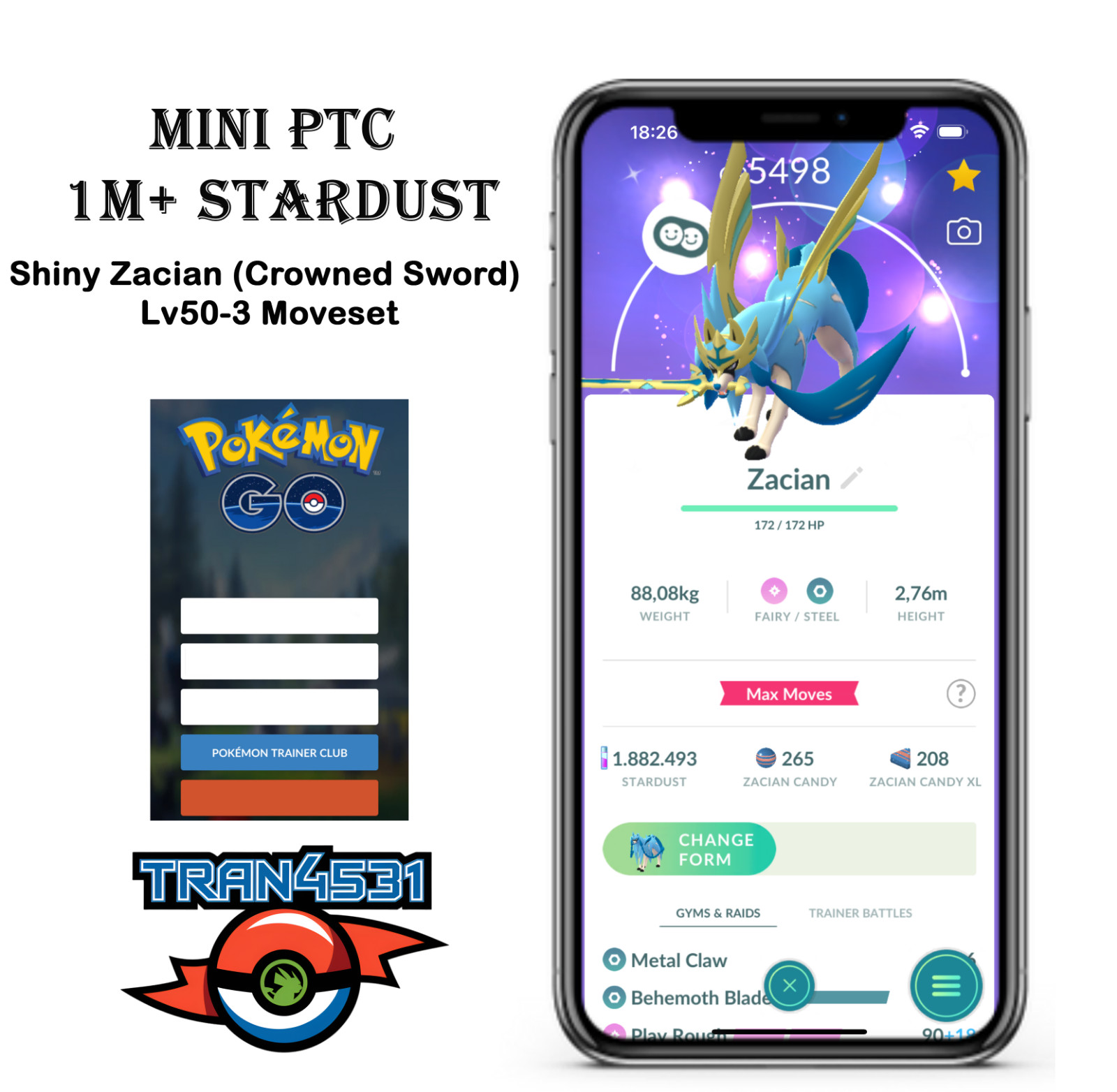 Shiny Zacian (Crowned Sword) lv50 – Mini PTC 1m Stardust