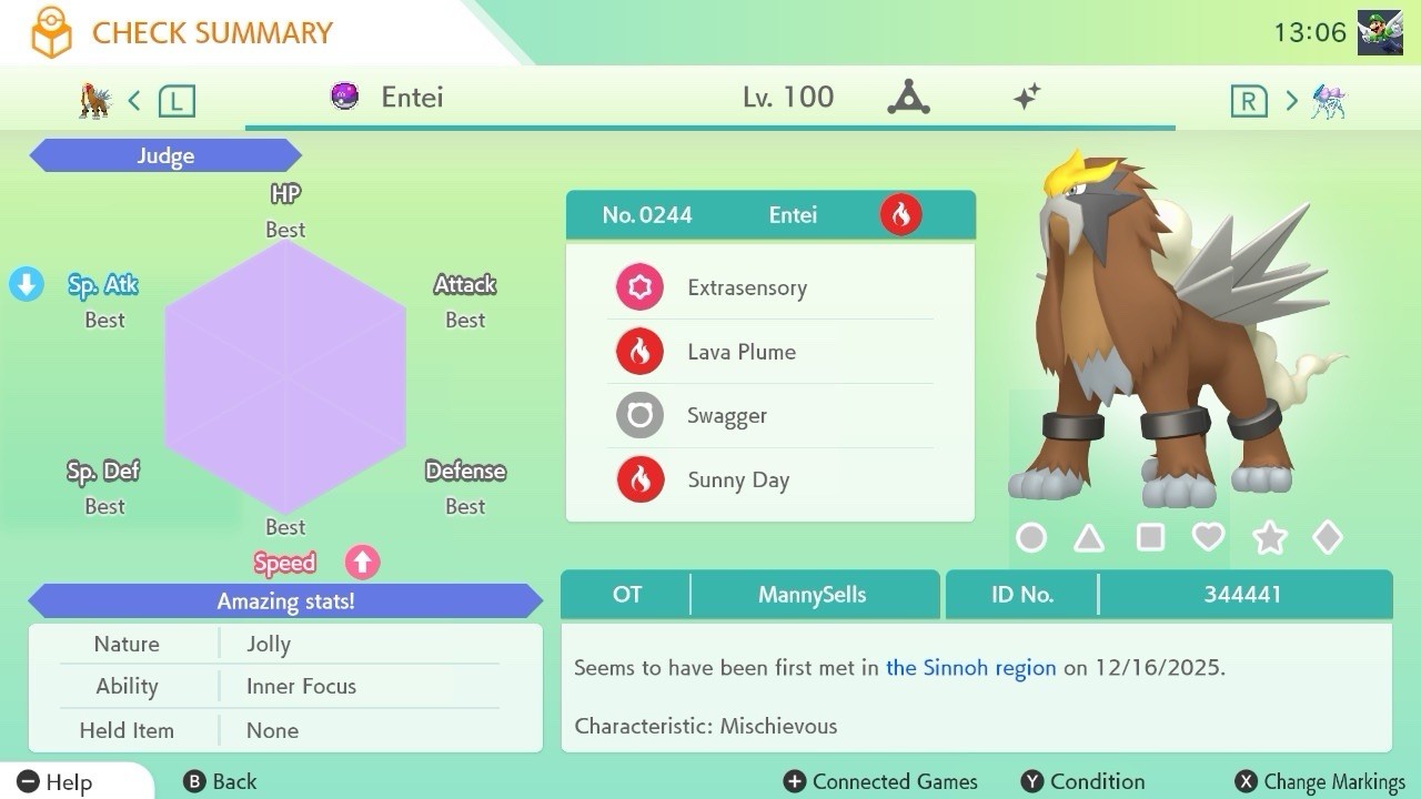 BDSP Caught Legendaries Shiny/Non Shiny, 6IV, Level 100, EVs 6HP 252ATK 252SPE