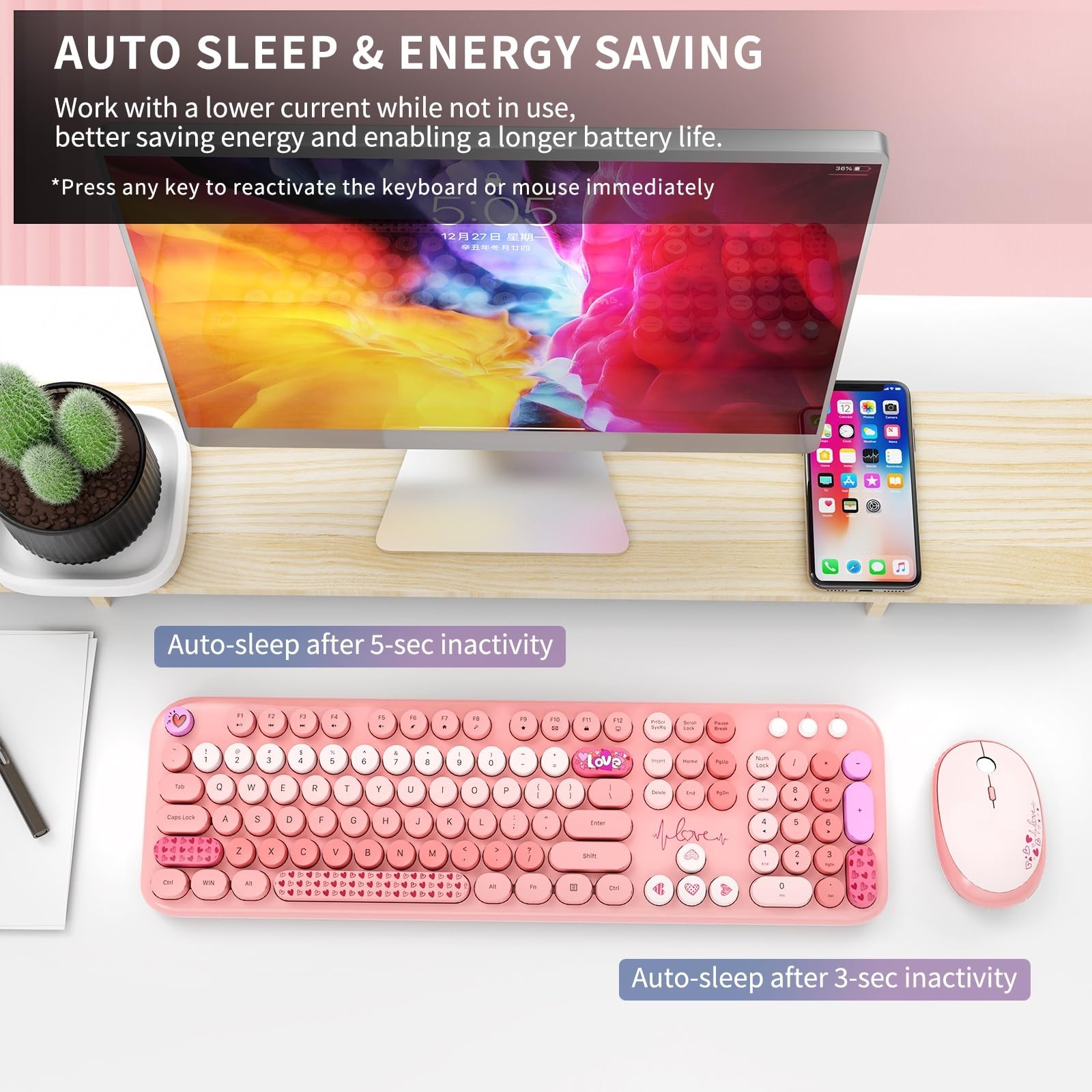 Wireless Keyboard and Mouse Combo, 104 Round Keys Full-Size Cute Colorful Pin…