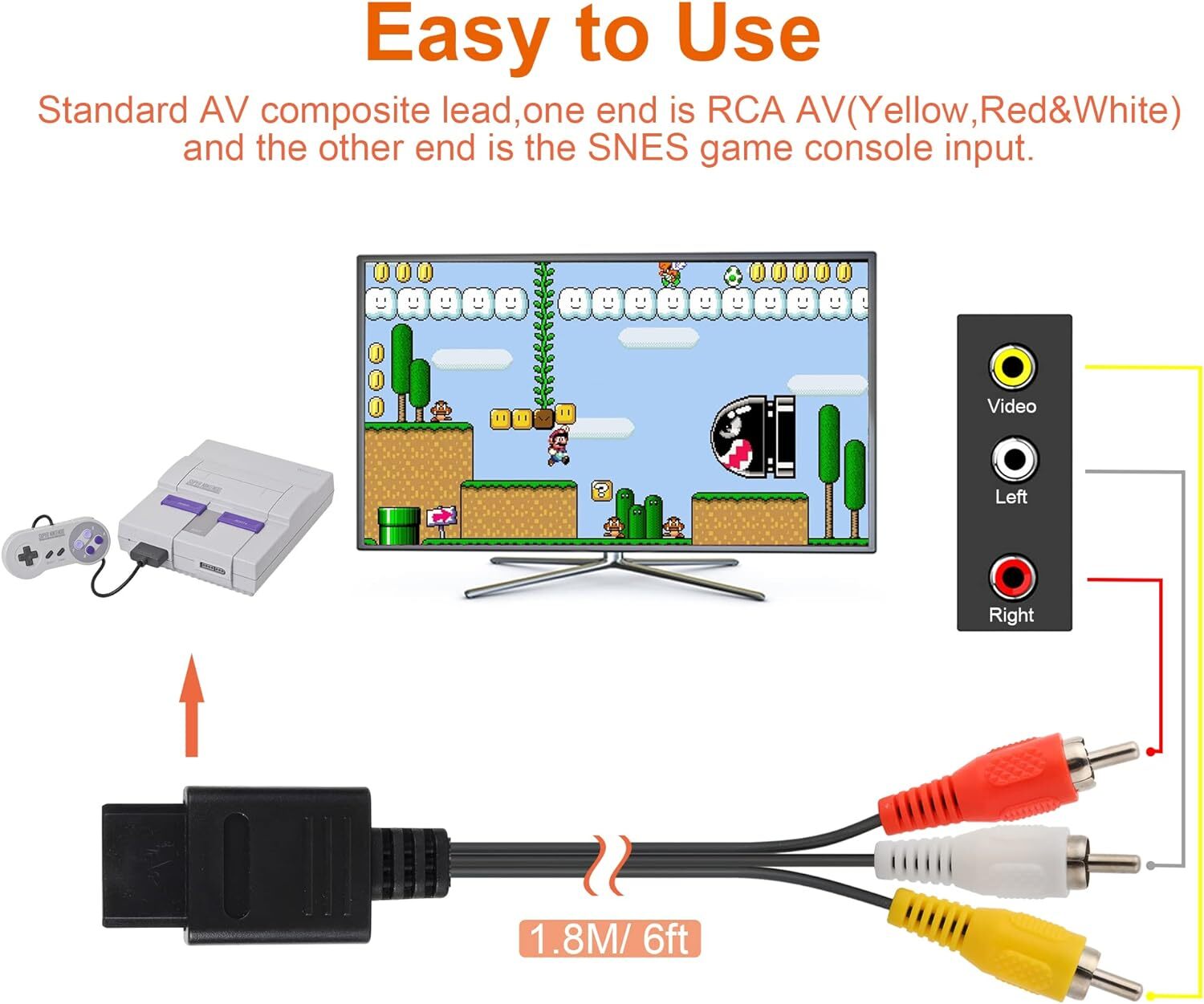 Audio AV RCA+AC Cable Power Supply Adapter Cord For Super Nintendo SNES Game Set